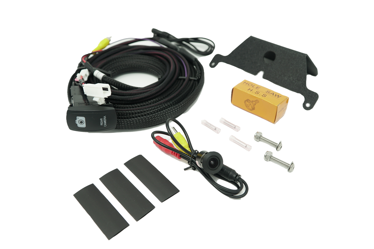 Rear camera kit with wiring harness, switch, mounting bracket, hole saw, and hardware