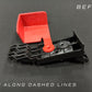 Black and red plastic automotive part with white dashed lines indicating where to trim