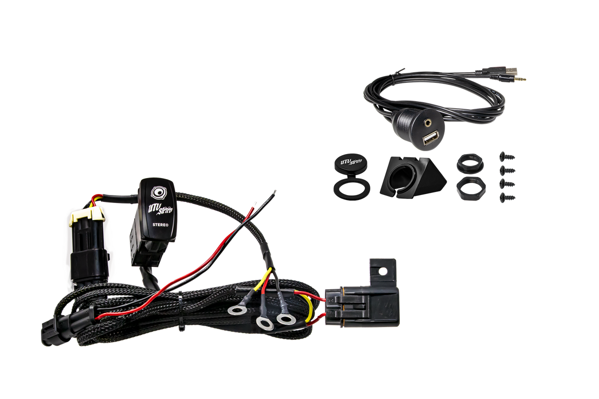 UTV Stereo wiring harness with rocker switch and USB auxiliary port mounting hardware