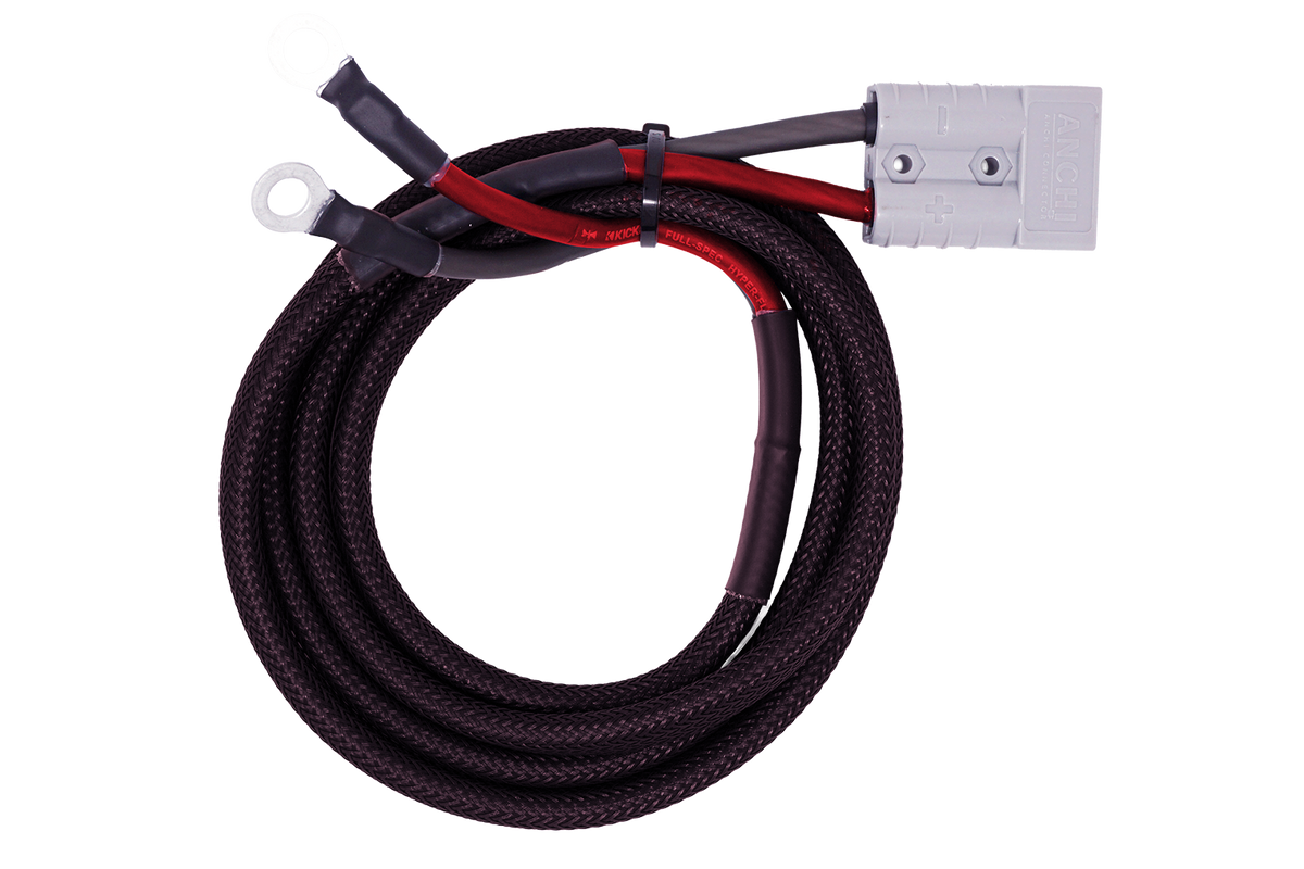 Coiled black braided power cable with Anchi connector and two ring terminals