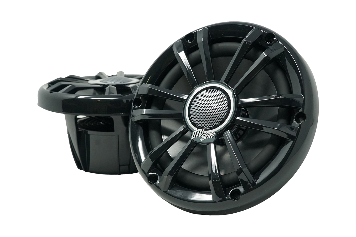 Two black UTV Stereo marine speakers with mesh center grilles