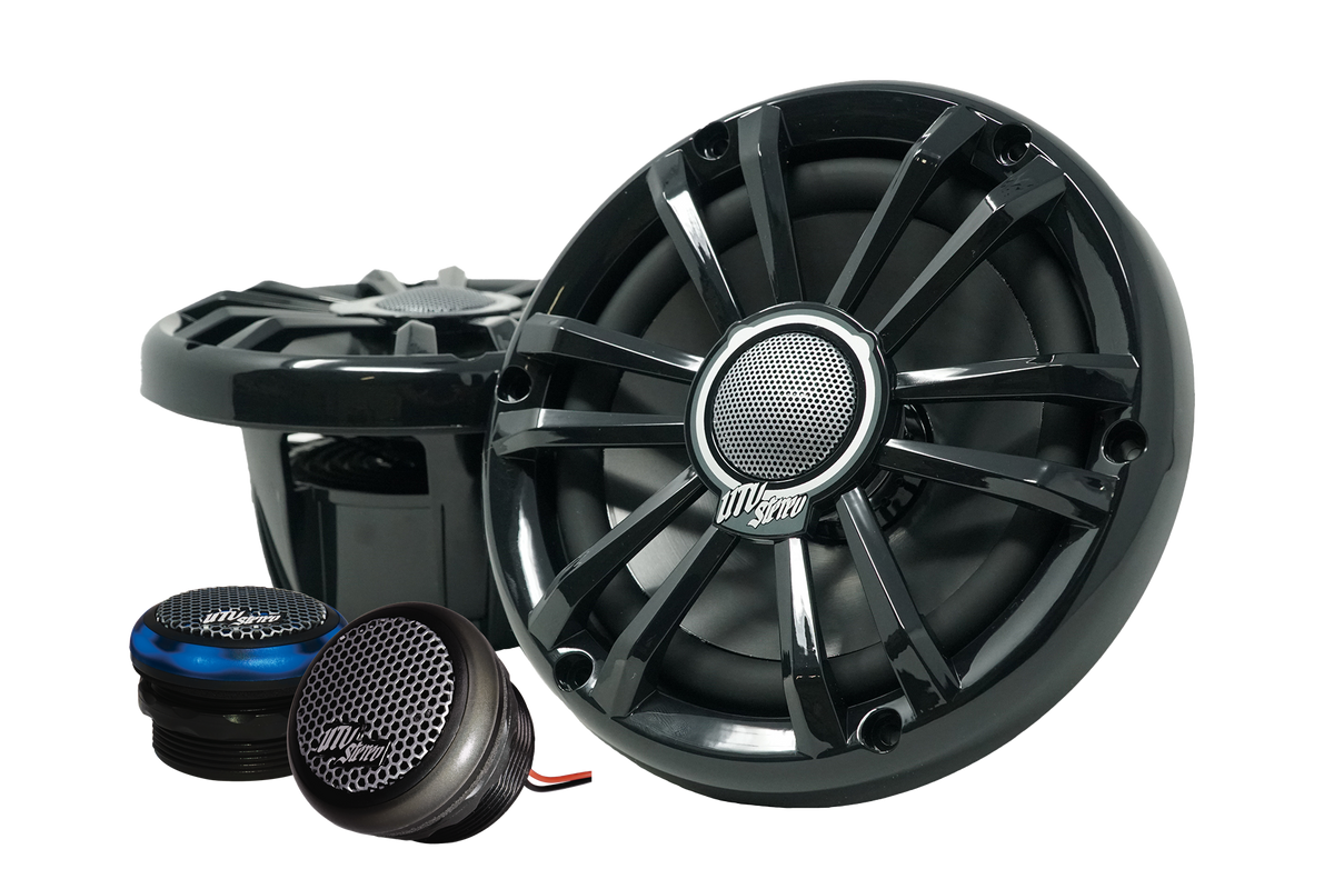 UTV Stereo speaker set with two large black speakers and two small tweeters