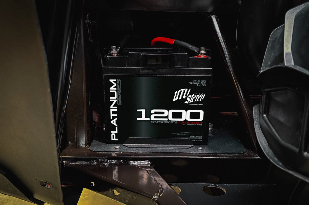 UTV Stereo Platinum Series 1200 powersports AGM battery installed in a vehicle