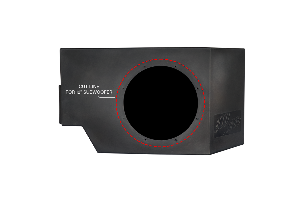 UTV Stereo subwoofer enclosure with red dashed cut line for 12 inch subwoofer
