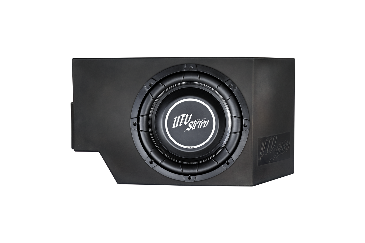 UTV Stereo subwoofer in a black enclosure