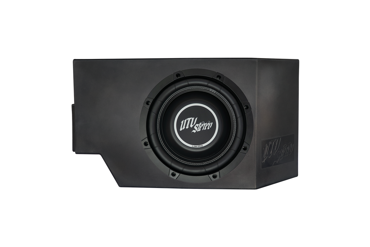 UTV Stereo Low Pro subwoofer in a black enclosure
