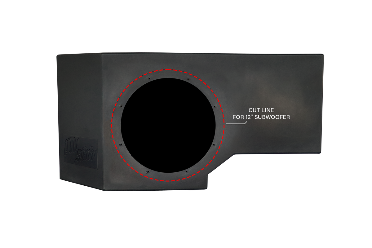 UTV Stereo subwoofer enclosure with red dashed cut line for 12 inch subwoofer