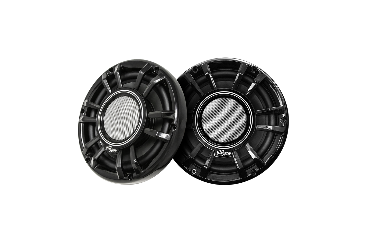 Two black UTV Stereo circular speakers with mesh grilles