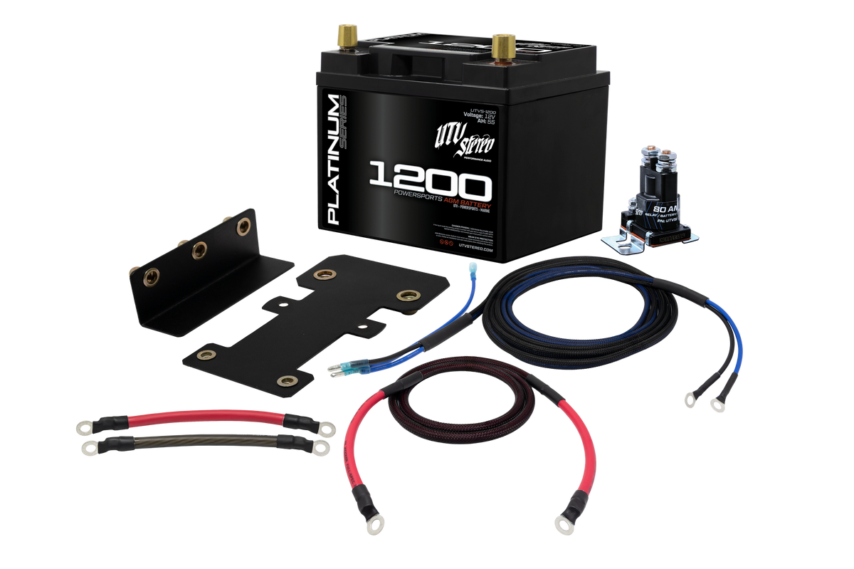 UTV Stereo 1200 AGM battery kit with mounting brackets cables and 80 amp relay