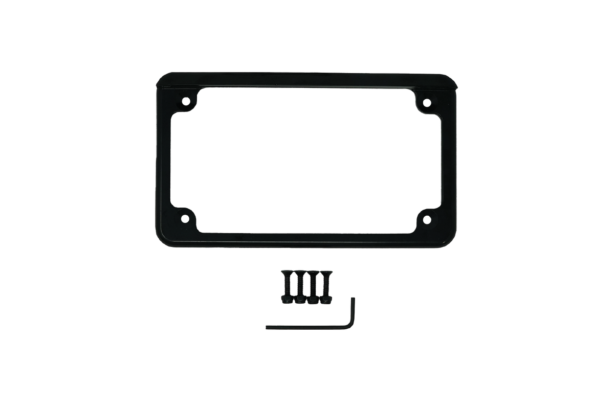 Black license plate frame with four mounting screws and an L-shaped hex key