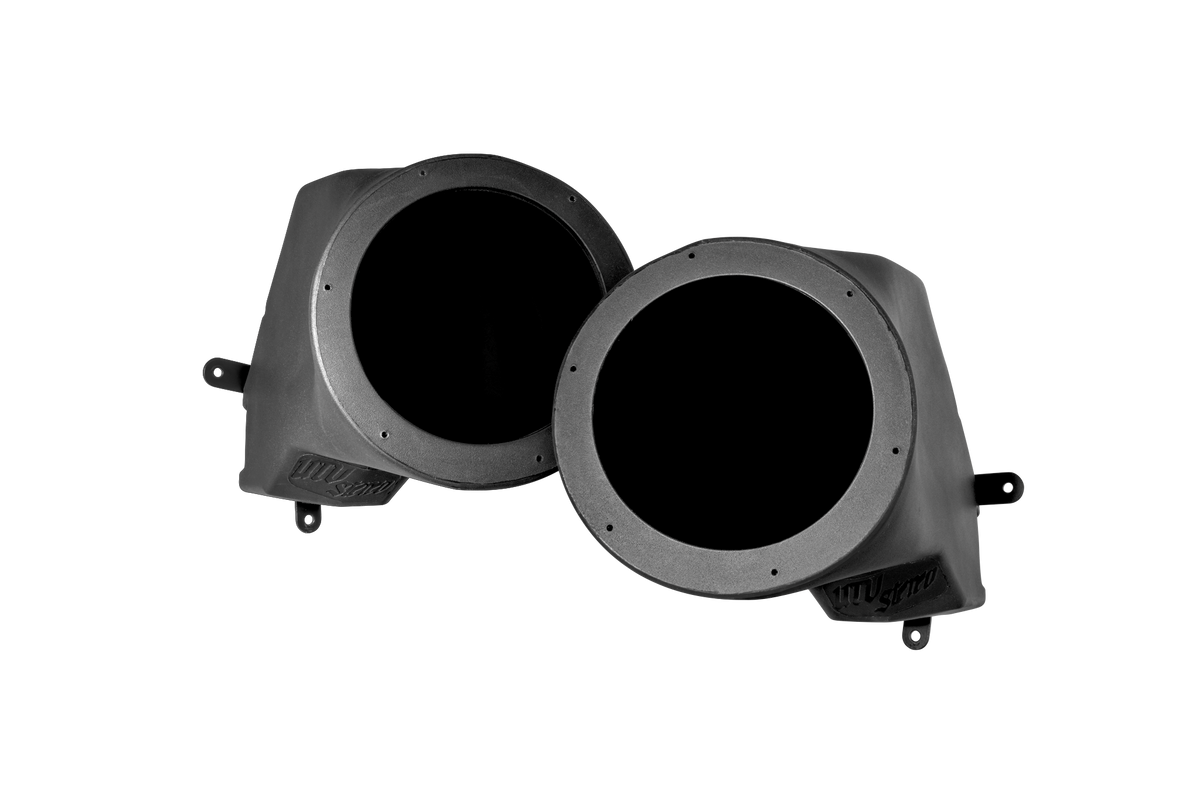 Pair of black UTV Stereo speaker pods with circular mounting brackets