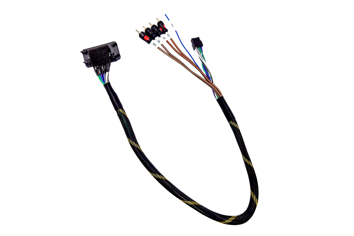 Car audio wiring harness with RCA connectors and multi colored wires