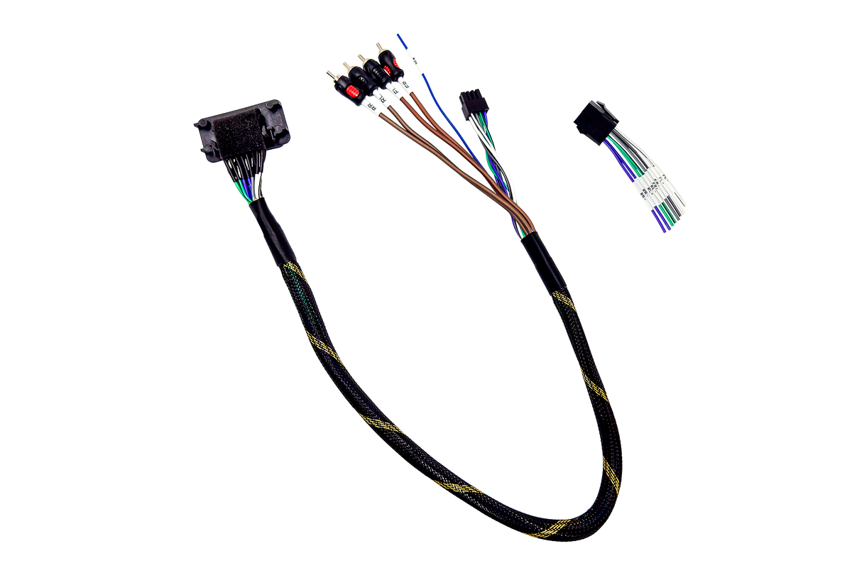 UTV Stereo wiring harness with RCA connectors and labeled speaker wires