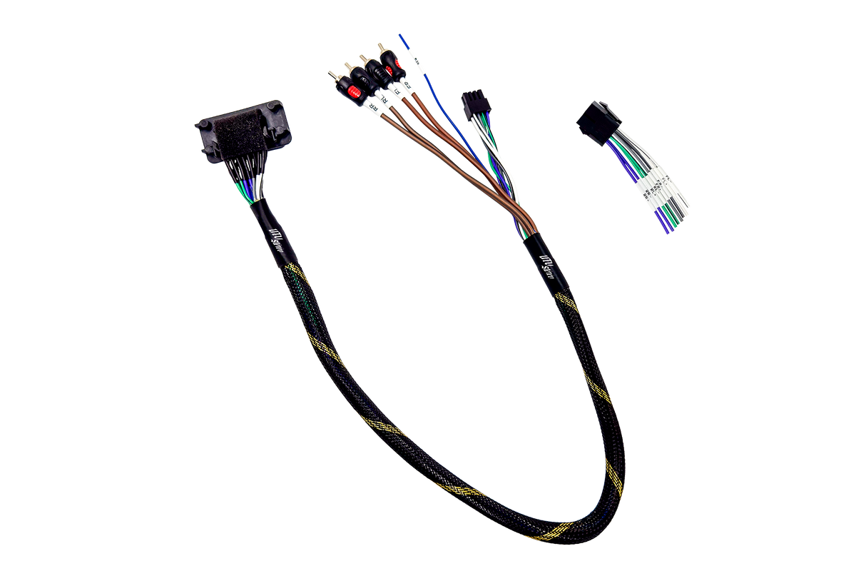 UTV Stereo wiring harness with RCA connectors and labeled speaker wires