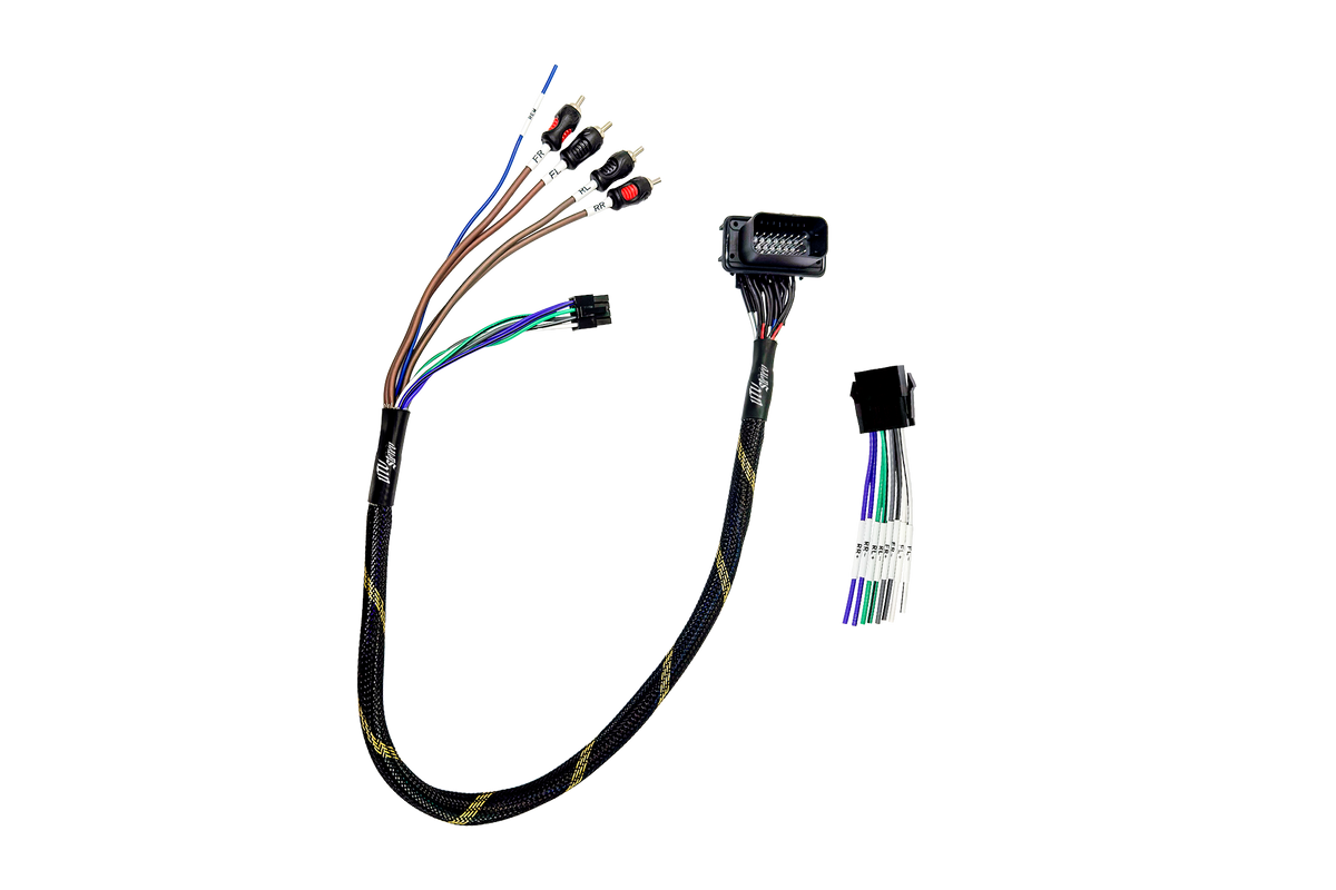 UTV Stereo wiring harness with RCA connectors and multi-pin plugs