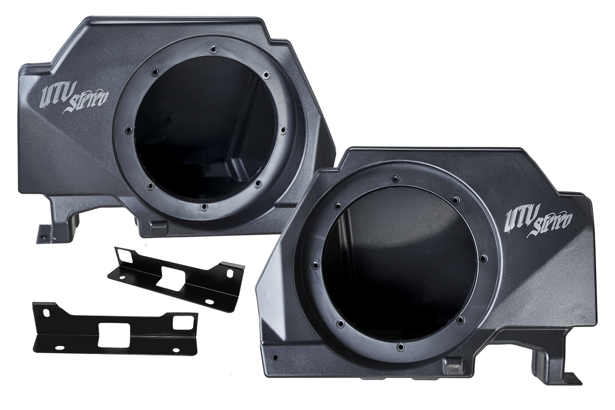 Two UTV Stereo speaker enclosures with black metal mounting brackets
