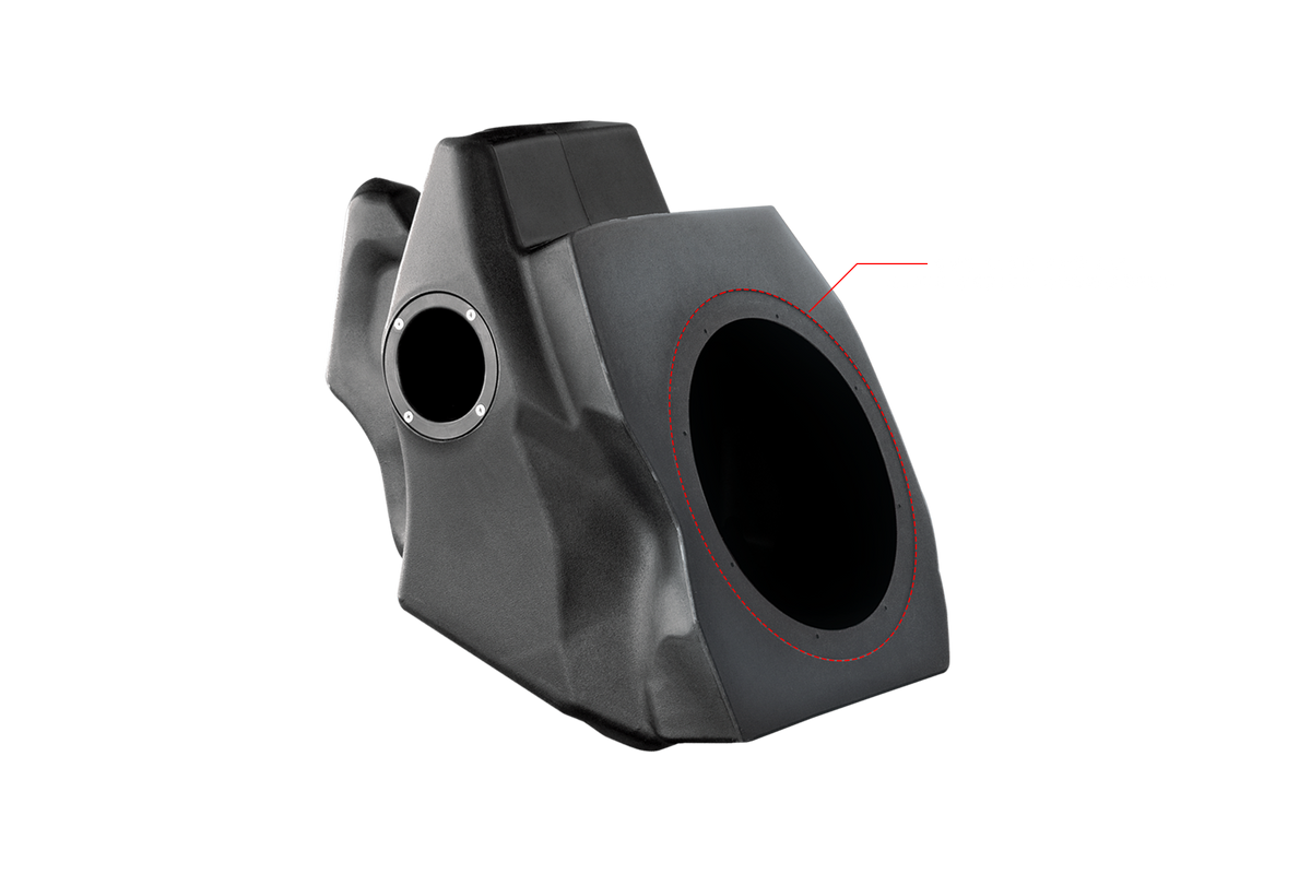 Black molded plastic subwoofer enclosure with two circular speaker mounting holes