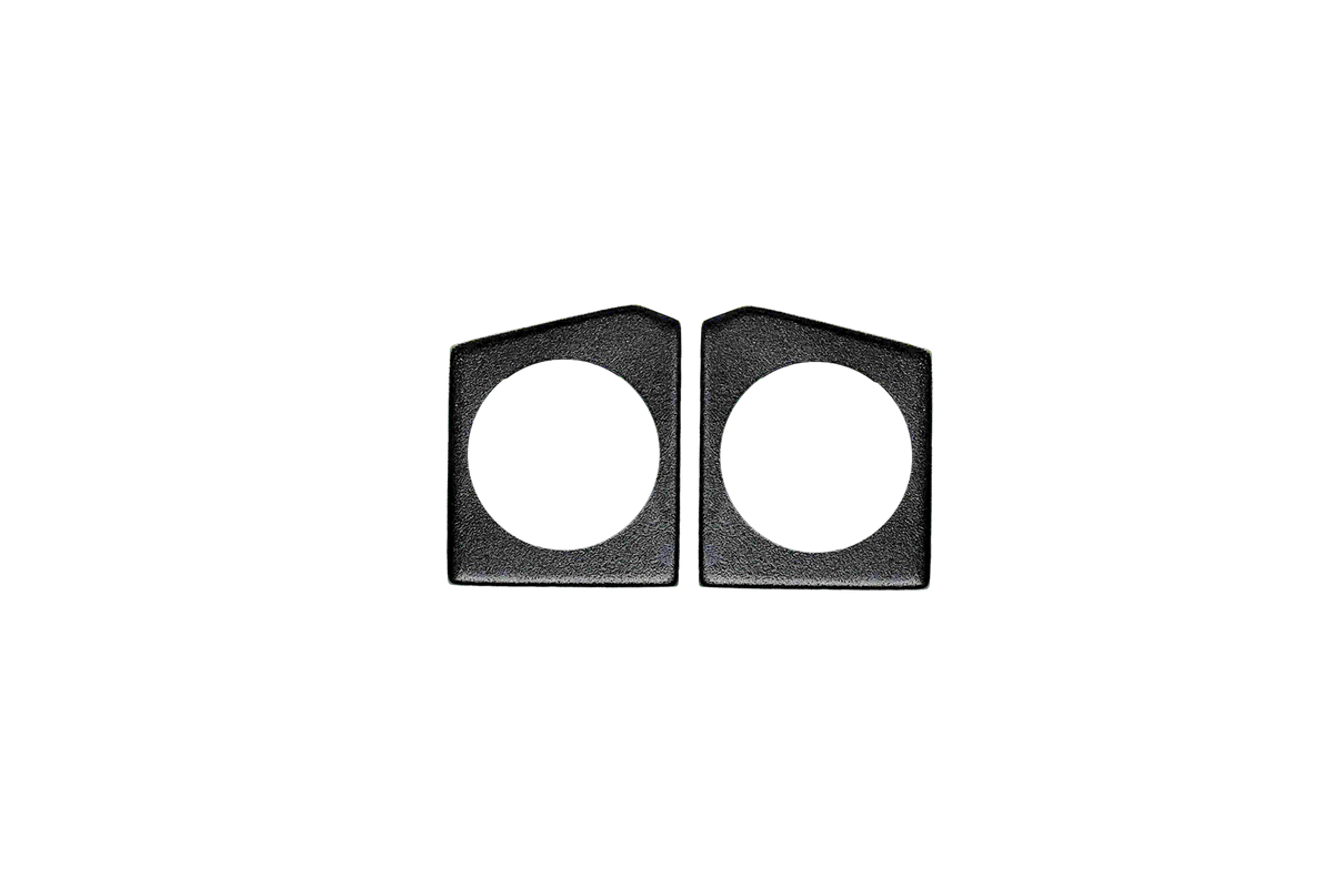 Two black textured plastic gauge mounting plates with circular cutouts