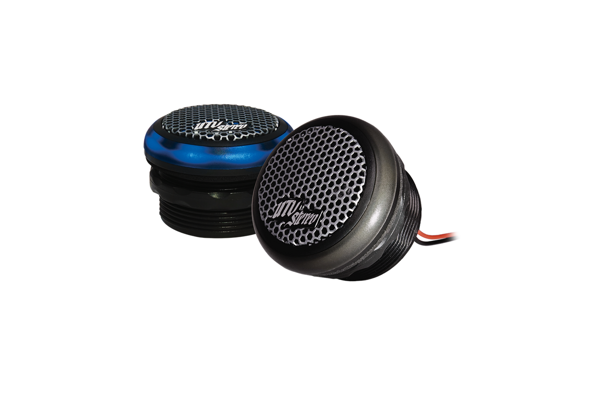 Two UTV Stereo bullet tweeters with black and blue housings and honeycomb metal grilles