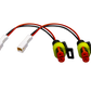 Two electrical wire harness adapters with white connectors and sealed red and yellow plugs