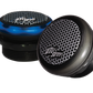 Two UTV Stereo bullet tweeters with black and blue housings and honeycomb grilles