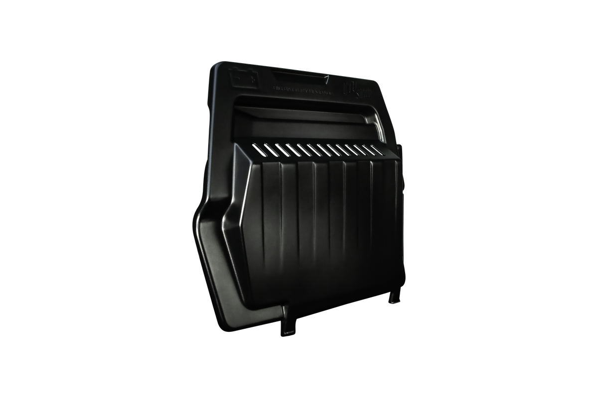 Black plastic UTV Stereo battery upgrade cover with ventilation slots