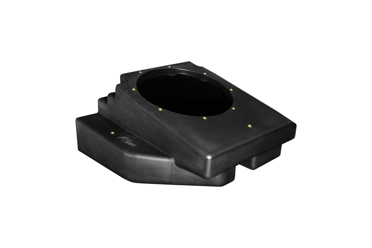 Black molded plastic speaker enclosure with mounting holes