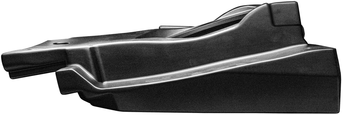 Black molded plastic automotive component with contoured edges