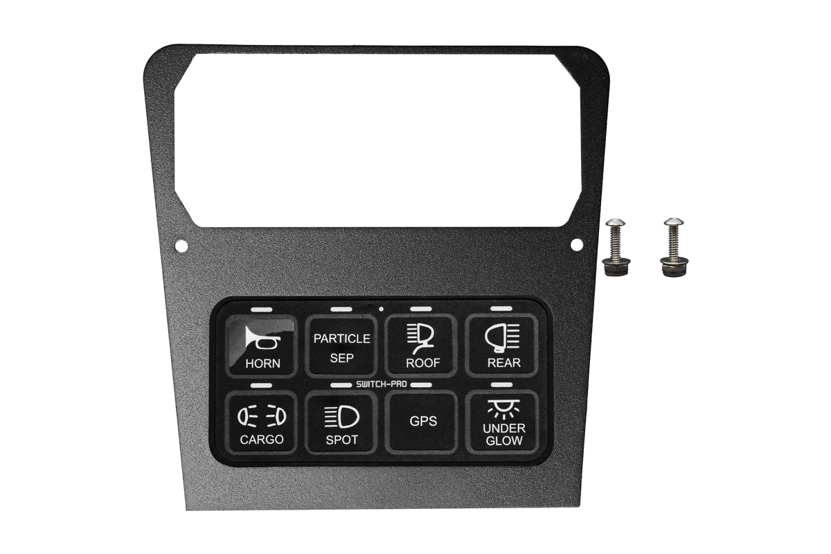 Switch-Pro switch panel mounting bracket with eight labeled buttons and two mounting screws