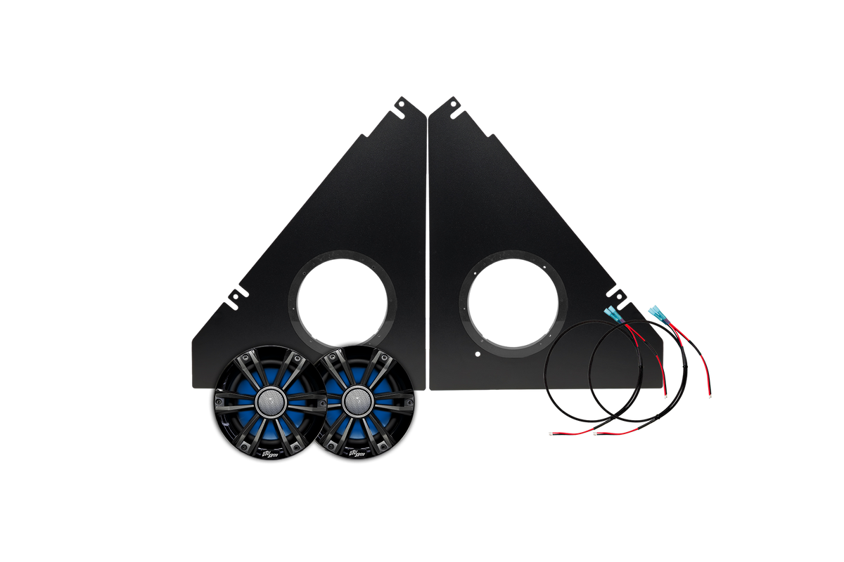 UTV Stereo speaker mounting panels with two circular speakers and wiring harnesses