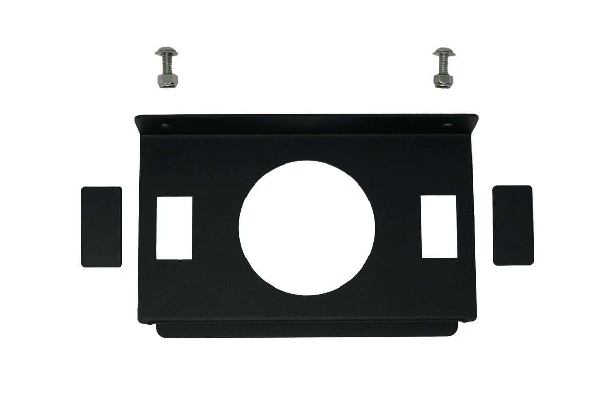 UTV Stereo black metal mounting bracket with two bolts and two rectangular spacers