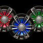 Three car speakers with colorful LED lighting on a black background