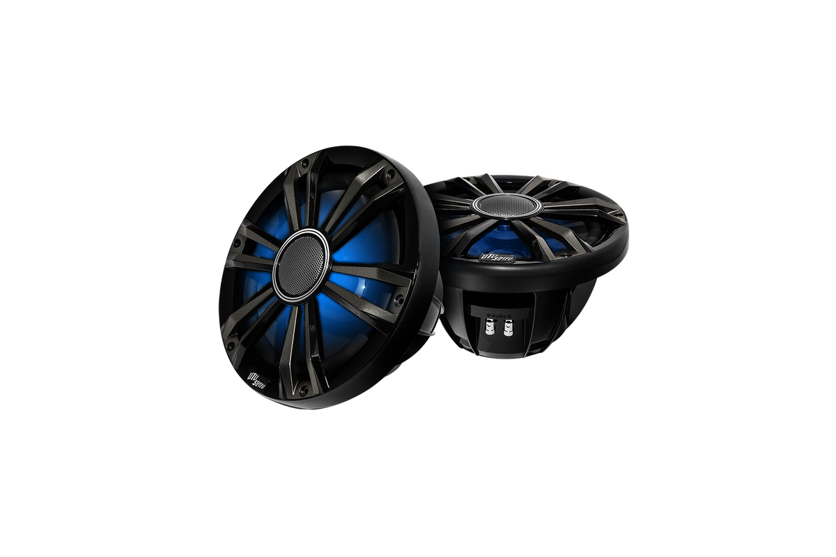 Two black UTV Stereo marine speakers with blue LED lighting