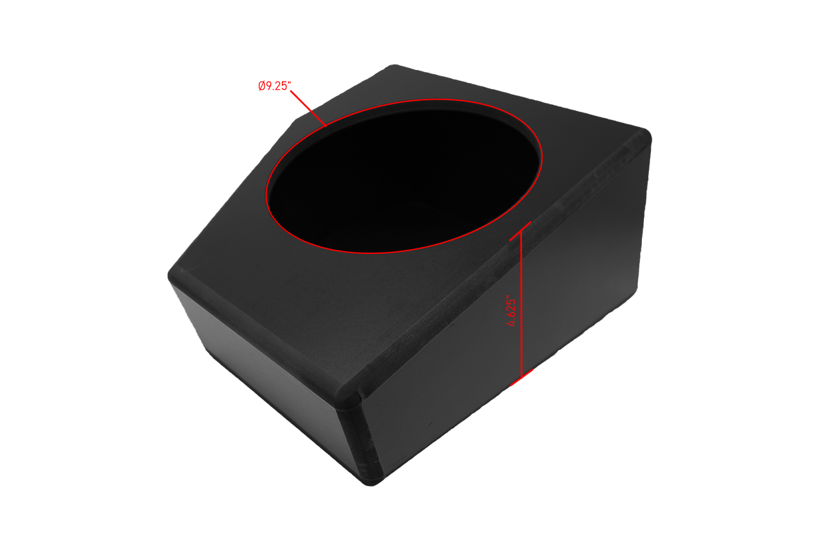 Black subwoofer enclosure with 9.25 inch diameter cutout and 4.625 inch depth measurement