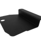 Black metal skid plate with mounting holes and circular cutout