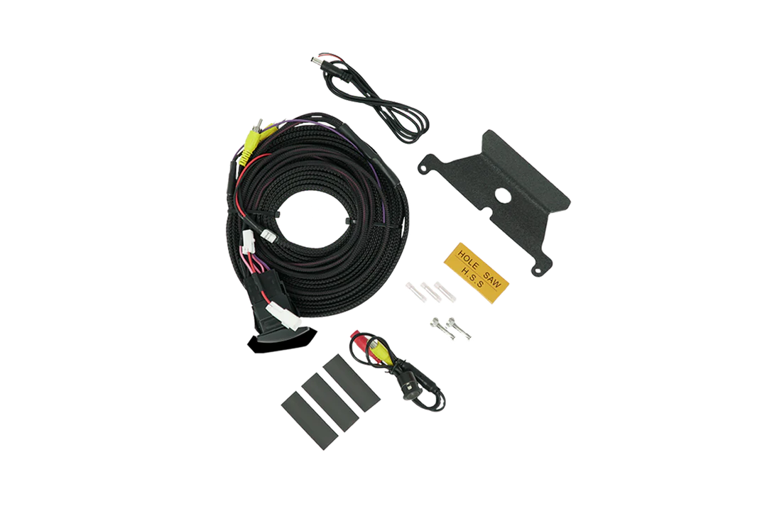 Vehicle camera wiring harness kit with mounting bracket and hardware