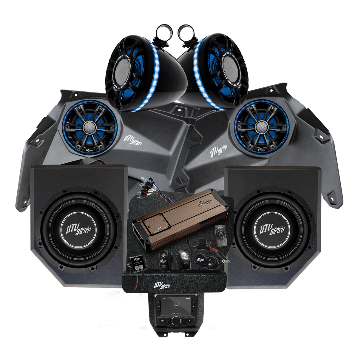 UTV Stereo audio system bundle with speakers, subwoofers, amplifier, and head unit